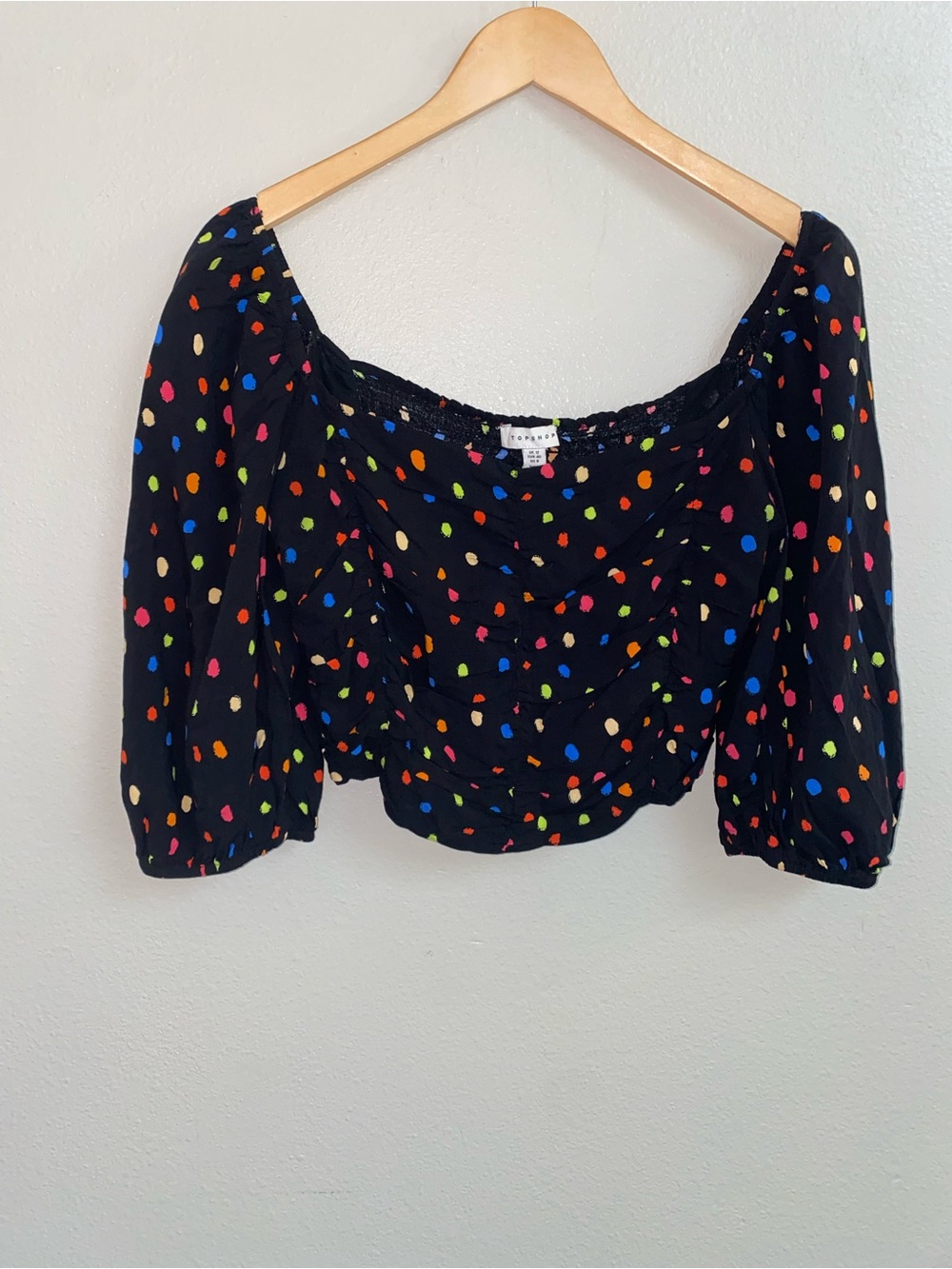 Topshop Black Confetti Polka Dot Ruched Cropped Blouse Size 12 Festival